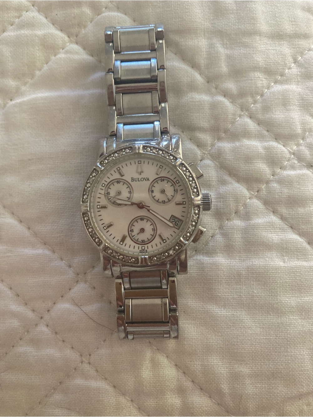 Bulova Silver and White Crystal-Trim Chronograph Watch